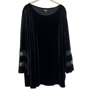 Slim Factor Investments Velvet Tunic Top 2X Black Bell Sleeve Sheer Insets